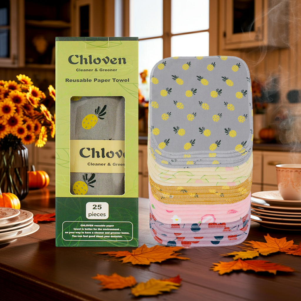 "Chloven 25-piece reusable paper towels with colorful fruit patterns, flannel cotton, soft and washable, eco-friendly zero waste kitchen cloth displayed on a cozy autumn kitchen table with pumpkins and sunflowers"