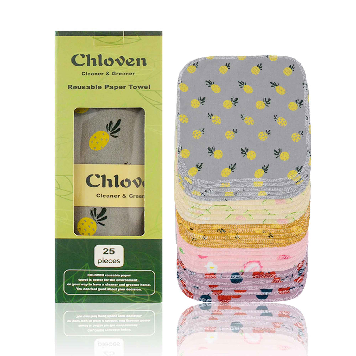 Chloven 25-pack of reusable cotton flannel paper towels with fruit prints — pineapple, avocado, lemon, cherry, and strawberry designs