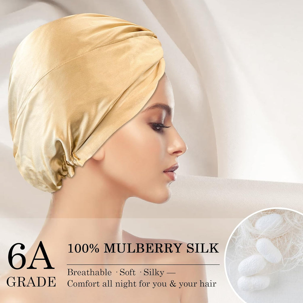 Chloven Double Layer 100% Mulberry Silk Bonnet for Sleeping Women – Adjustable Large Silk Sleep Cap for Long & Curly Hair, Anti-Frizz Hair Protection Overnight