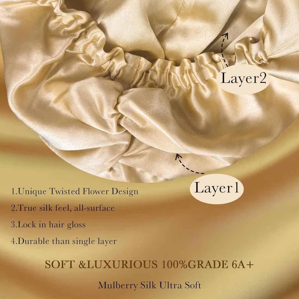 Chloven Double Layer 100% Mulberry Silk Bonnet for Sleeping Women – Adjustable Large Silk Sleep Cap for Long & Curly Hair, Anti-Frizz Hair Protection Overnight